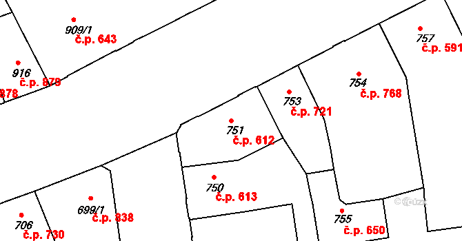 Louny 612 na parcele st. 751 v KÚ Louny, Katastrální mapa