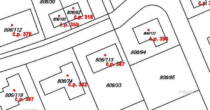 Těchov 387, Blansko na parcele st. 806/113 v KÚ Těchov, Katastrální mapa
