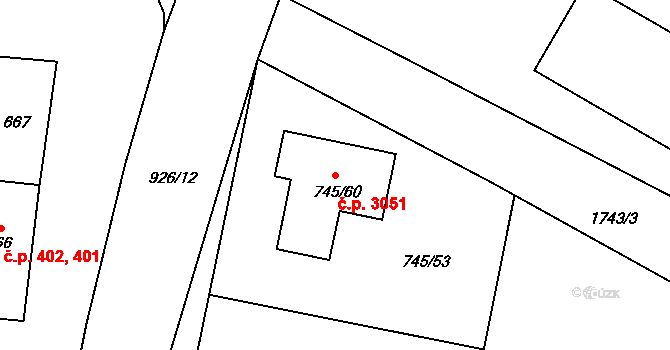 Milovice 3051 na parcele st. 745/60 v KÚ Milovice nad Labem, Katastrální mapa