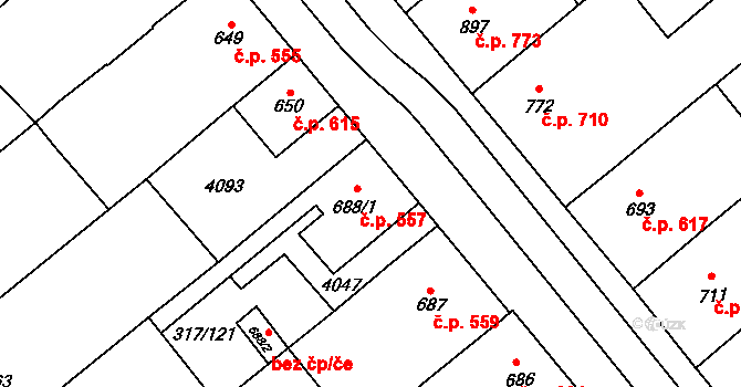 Rakvice 557 na parcele st. 688/1 v KÚ Rakvice, Katastrální mapa