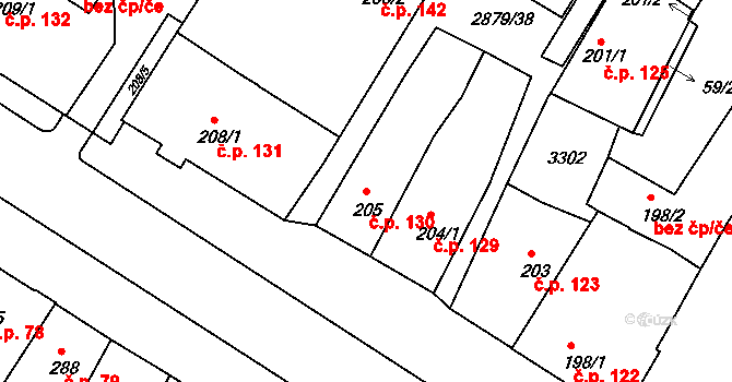 Bystřice pod Hostýnem 130 na parcele st. 205 v KÚ Bystřice pod Hostýnem, Katastrální mapa
