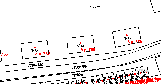 Dobřany 758 na parcele st. 1014 v KÚ Dobřany, Katastrální mapa