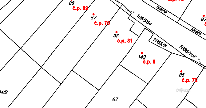 Tulešice 81 na parcele st. 98 v KÚ Tulešice, Katastrální mapa