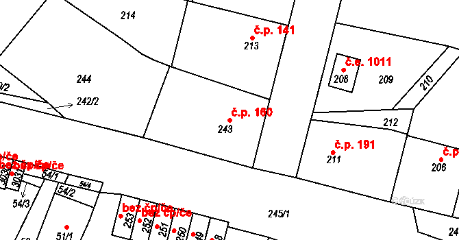 Zruč nad Sázavou 160 na parcele st. 243 v KÚ Zruč nad Sázavou, Katastrální mapa