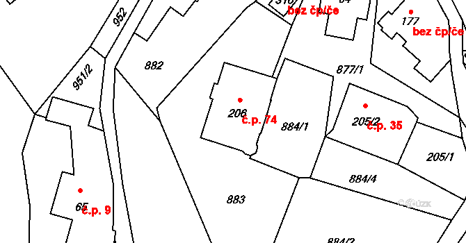 Loužnice 74 na parcele st. 206 v KÚ Loužnice, Katastrální mapa