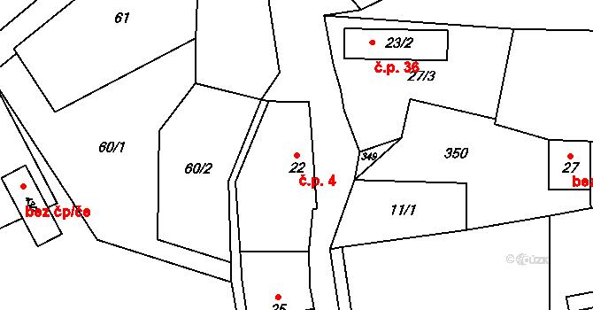 Pejškov 4, Tišnov na parcele st. 22 v KÚ Pejškov u Tišnova, Katastrální mapa