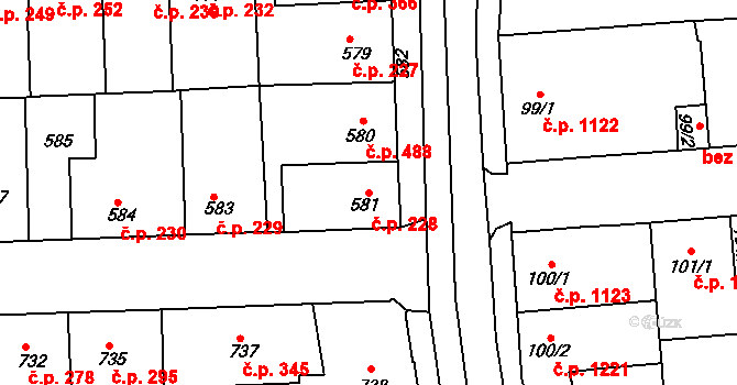 Švermov 228, Kladno na parcele st. 581 v KÚ Motyčín, Katastrální mapa