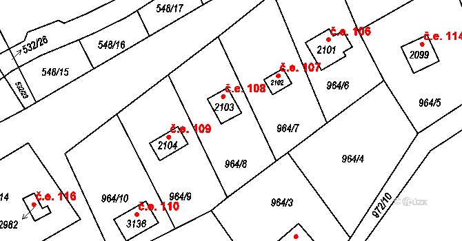 Ostravice 108 na parcele st. 2103 v KÚ Ostravice 1, Katastrální mapa