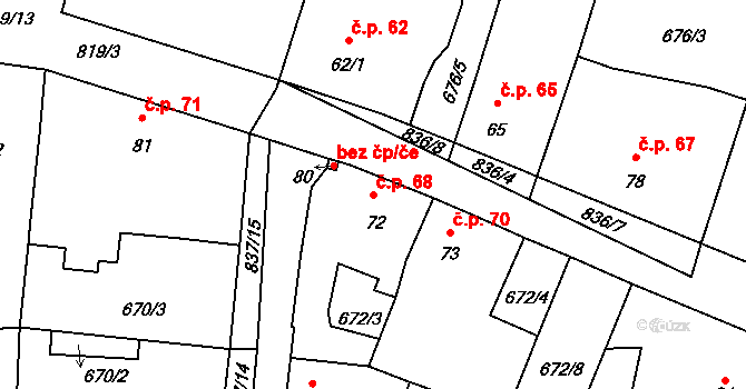 Pištín 68 na parcele st. 72 v KÚ Pištín, Katastrální mapa