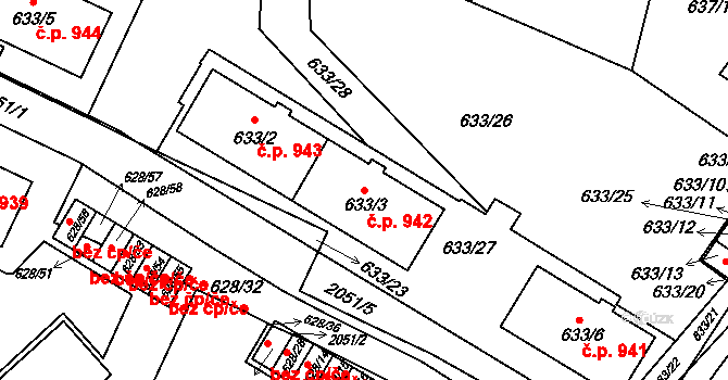 Košíře 942, Praha na parcele st. 633/3 v KÚ Košíře, Katastrální mapa