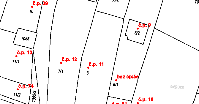 Břežany II 11 na parcele st. 5 v KÚ Břežany II, Katastrální mapa