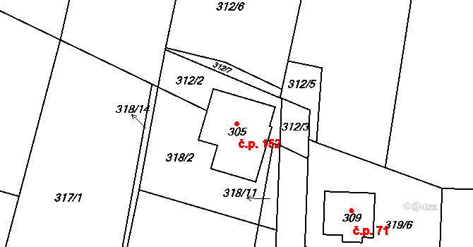 Dvory 152 na parcele st. 305 v KÚ Dvory u Nymburka, Katastrální mapa