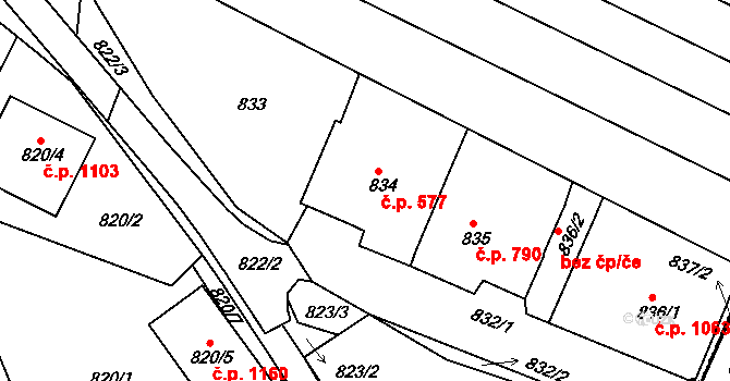 Mutěnice 577 na parcele st. 834 v KÚ Mutěnice, Katastrální mapa