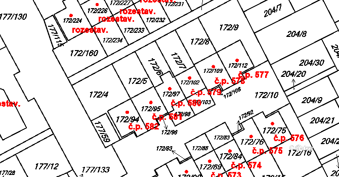 Liberec VIII-Dolní Hanychov 580, Liberec na parcele st. 172/97 v KÚ Dolní Hanychov, Katastrální mapa