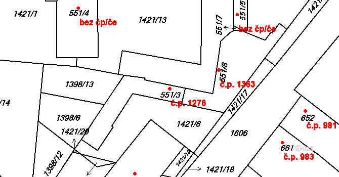 Litovel 1276 na parcele st. 551/3 v KÚ Litovel, Katastrální mapa