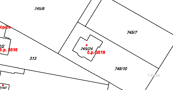 Milovice 3018 na parcele st. 745/24 v KÚ Milovice nad Labem, Katastrální mapa