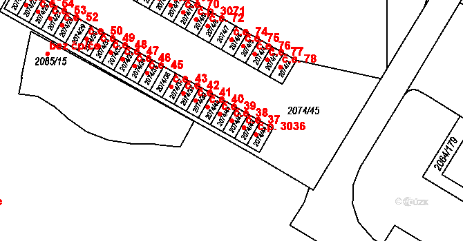 Brňany 38, Vyškov na parcele st. 2074/42 v KÚ Vyškov, Katastrální mapa