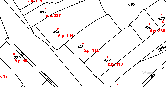 Měřín 112 na parcele st. 496 v KÚ Měřín, Katastrální mapa