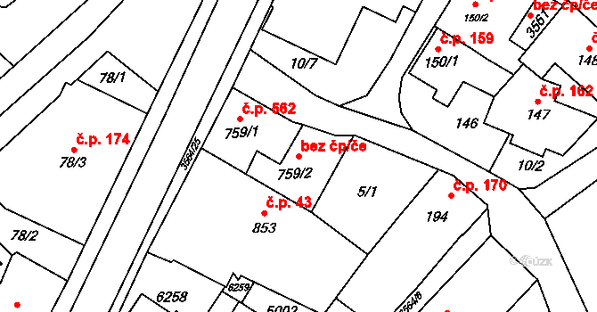 Rožnov pod Radhoštěm 45683859 na parcele st. 759/2 v KÚ Rožnov pod Radhoštěm, Katastrální mapa