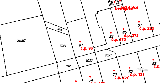 Hrušky 86 na parcele st. 81/1 v KÚ Hrušky u Brna, Katastrální mapa