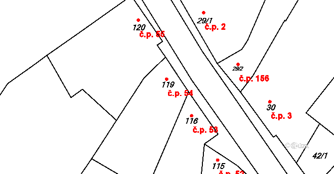 Drysice 54 na parcele st. 119 v KÚ Drysice, Katastrální mapa
