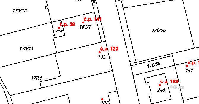 Tachlovice 123 na parcele st. 133 v KÚ Tachlovice, Katastrální mapa