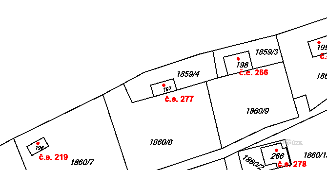 Dražice 277 na parcele st. 197 v KÚ Dražice u Tábora, Katastrální mapa