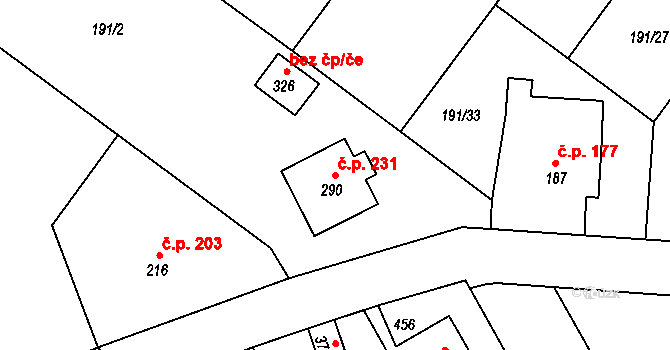 Babí 231, Náchod na parcele st. 290 v KÚ Babí u Náchoda, Katastrální mapa