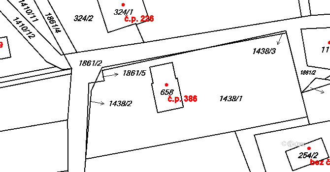 Milíkov 386 na parcele st. 658 v KÚ Milíkov u Jablunkova, Katastrální mapa