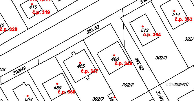 Peruc 348 na parcele st. 466 v KÚ Peruc, Katastrální mapa