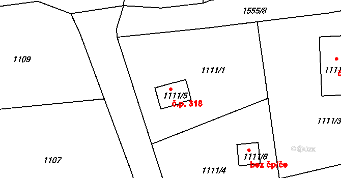 Sobotín 318 na parcele st. 1111/5 v KÚ Sobotín, Katastrální mapa