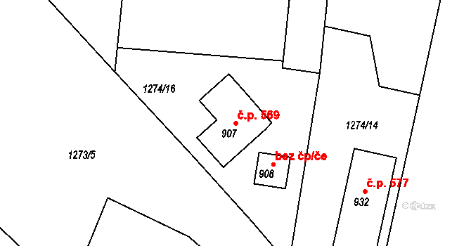 Doksy 569 na parcele st. 907 v KÚ Doksy u Kladna, Katastrální mapa