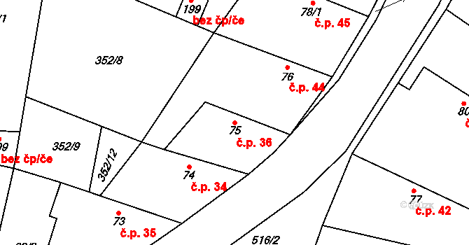 Jizbice 36 na parcele st. 75 v KÚ Jizbice u Nymburka, Katastrální mapa