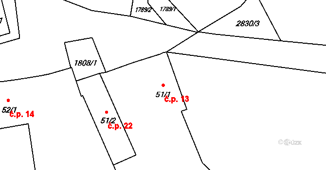 Velechvín 13, Lišov na parcele st. 51/1 v KÚ Velechvín, Katastrální mapa