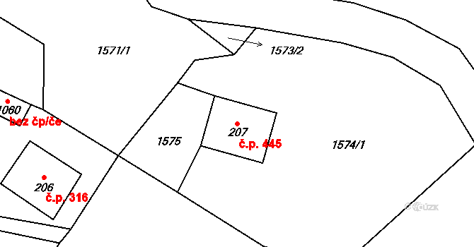 Kořenov 445 na parcele st. 207 v KÚ Polubný, Katastrální mapa