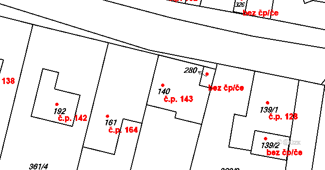 Kyšice 143 na parcele st. 140 v KÚ Kyšice, Katastrální mapa