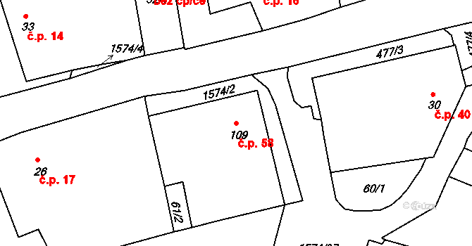 Milíčov 58 na parcele st. 109 v KÚ Milíčov u Jihlavy, Katastrální mapa