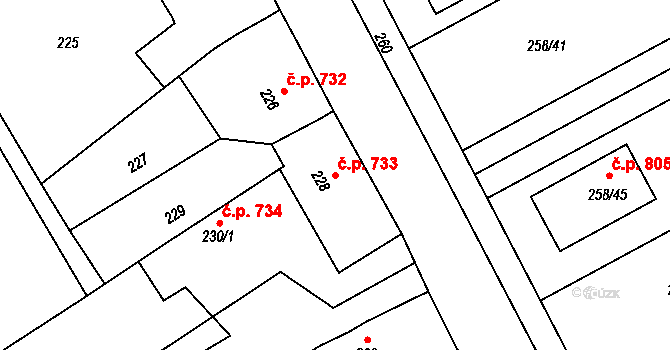 Březce 733, Štěpánov na parcele st. 228 v KÚ Březce, Katastrální mapa