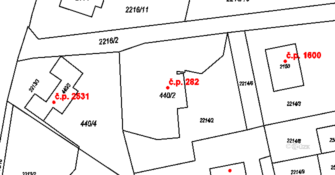 Rožnov pod Radhoštěm 282 na parcele st. 440/2 v KÚ Rožnov pod Radhoštěm, Katastrální mapa
