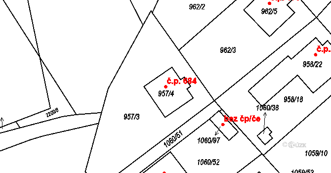 Březnice 684 na parcele st. 957/4 v KÚ Březnice, Katastrální mapa