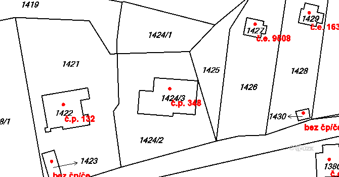 Brná 348, Ústí nad Labem na parcele st. 1424/3 v KÚ Brná nad Labem, Katastrální mapa