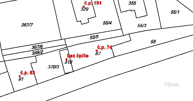 Vrchoslav 74, Krupka na parcele st. 87 v KÚ Vrchoslav, Katastrální mapa