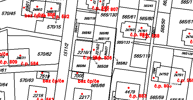 Borovina 806, Třebíč na parcele st. 2216/2 v KÚ Třebíč, Katastrální mapa