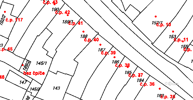 Jejkov 39, Třebíč na parcele st. 187 v KÚ Třebíč, Katastrální mapa
