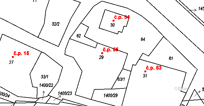 Hudčice 55 na parcele st. 29 v KÚ Hudčice, Katastrální mapa