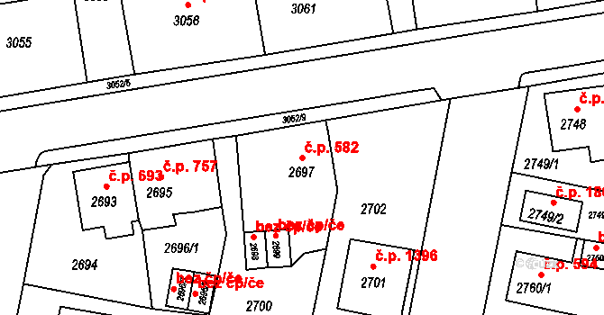 Jirkov 582 na parcele st. 2697 v KÚ Jirkov, Katastrální mapa