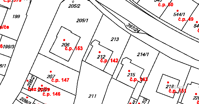Pražské Předměstí 142, Bílina na parcele st. 212 v KÚ Bílina, Katastrální mapa