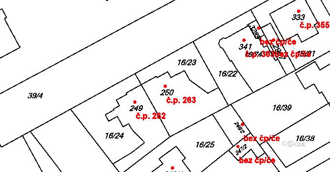 Slezské Předměstí 263, Hradec Králové na parcele st. 250 v KÚ Slezské Předměstí, Katastrální mapa