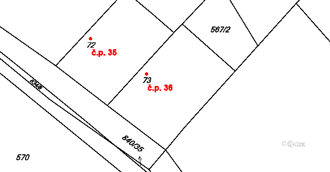 Husí Lhota 36 na parcele st. 73 v KÚ Husí Lhota, Katastrální mapa