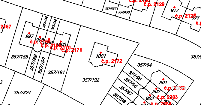 Hostivice 2172 na parcele st. 1001 v KÚ Litovice, Katastrální mapa